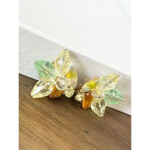 Juliana style givre rhinestone floral earrings yellow green retro cottagecore